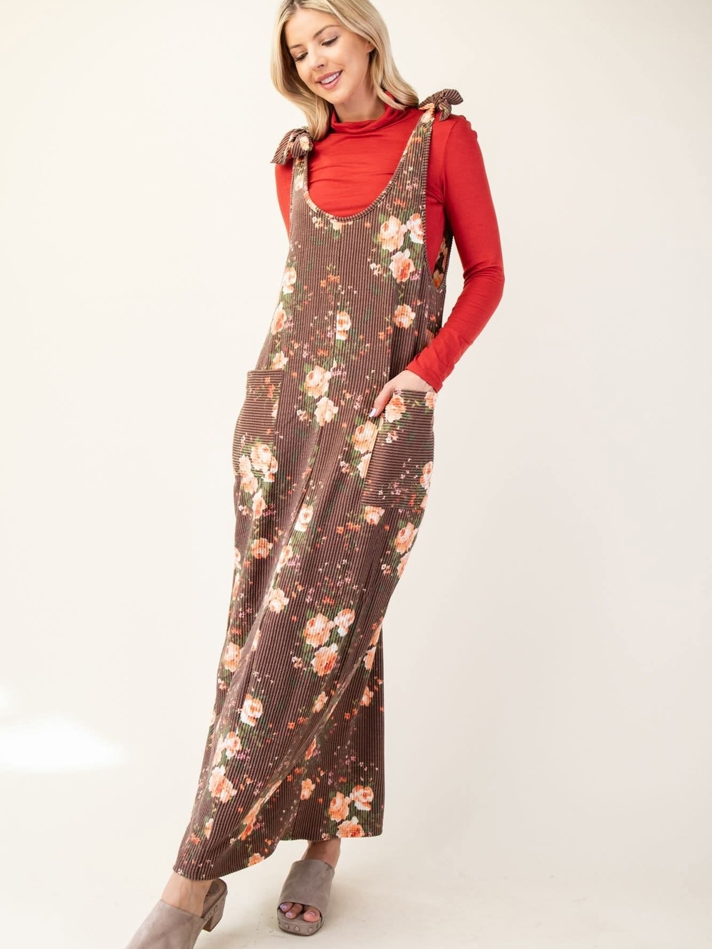 Celeste Brown Floral Corduroy Tie-Shoulder Maxi Dress